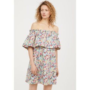 H & M Off Shoulder Ditsy Floral Cottage Core Ruffle Dress Cotton Blend S…